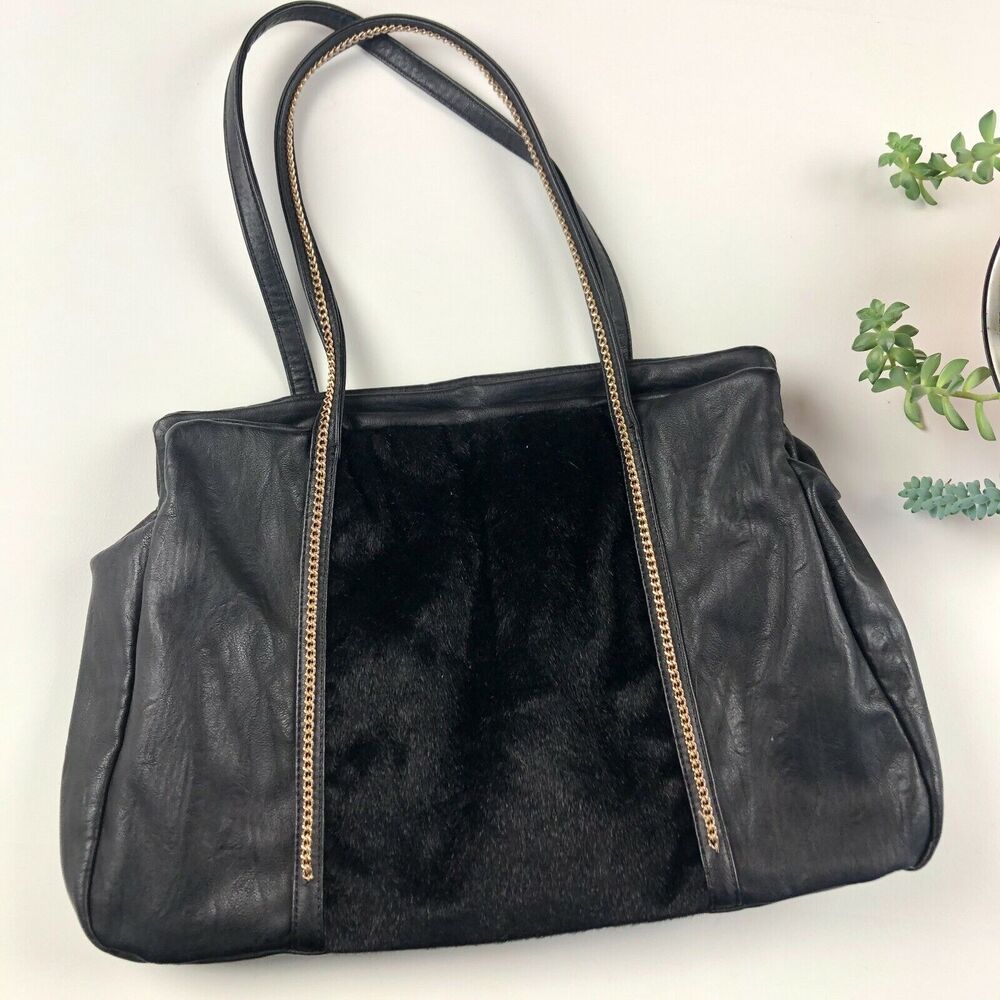 Max Black Faux Leather Fur Gold Chain Purse Tote Shoulder Handbag